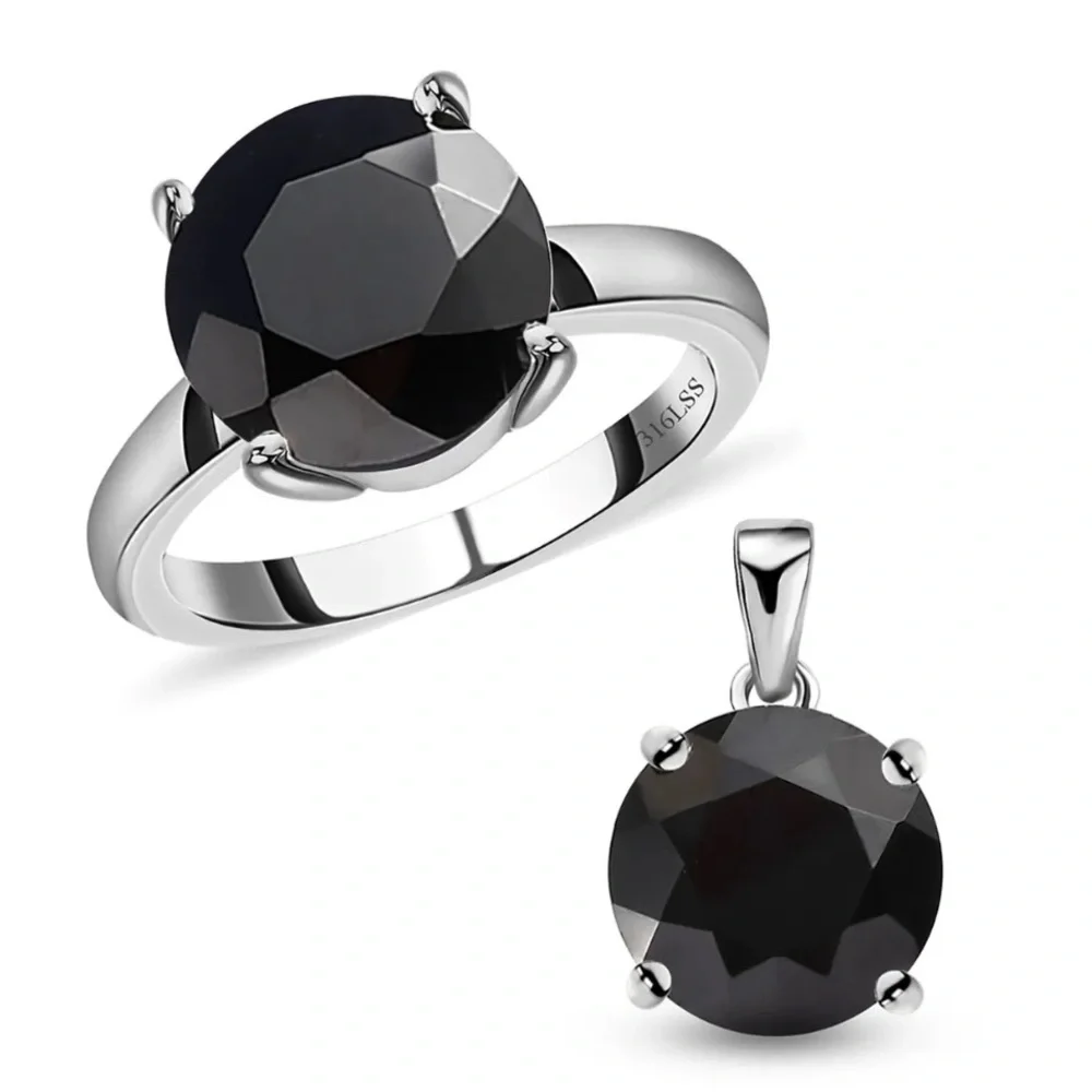 Thai Black Spinel Solitaire Ring (Size 11.0) and Pendant in Stainless Steel